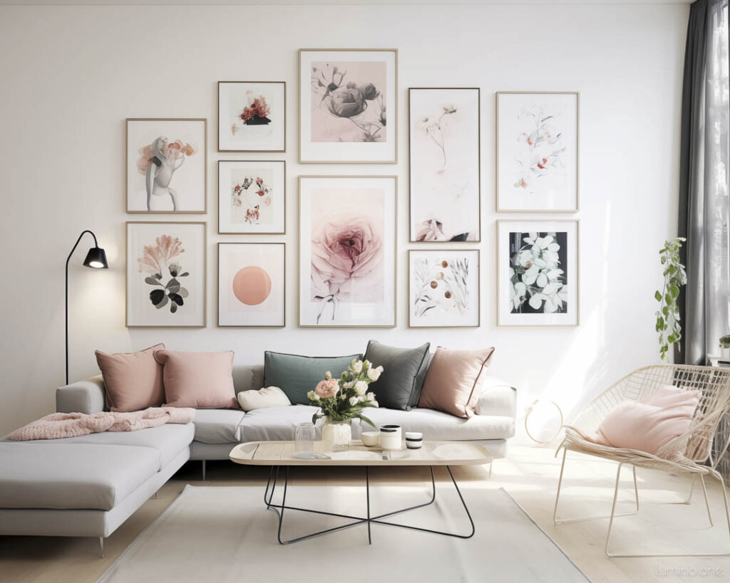 A Gallery Wall in Soft Pink Color Theme in a Bright Living Room