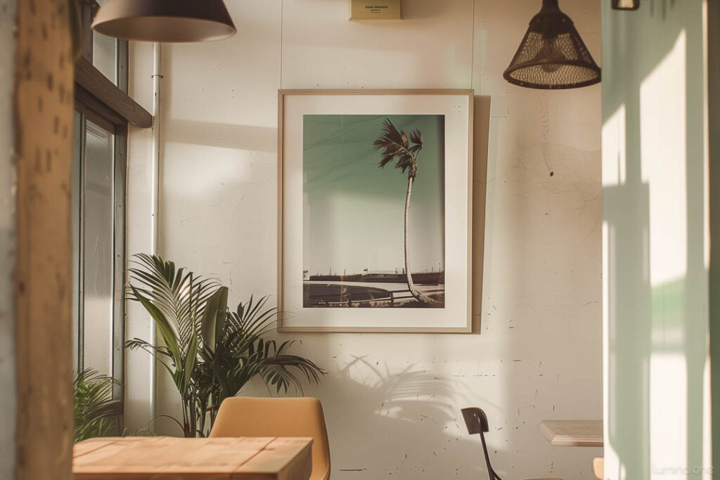 A framed palm tree poster hanging on a kitchen wall