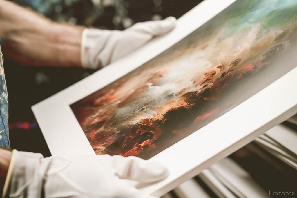 Artist holding a fine art print wearing white gloves