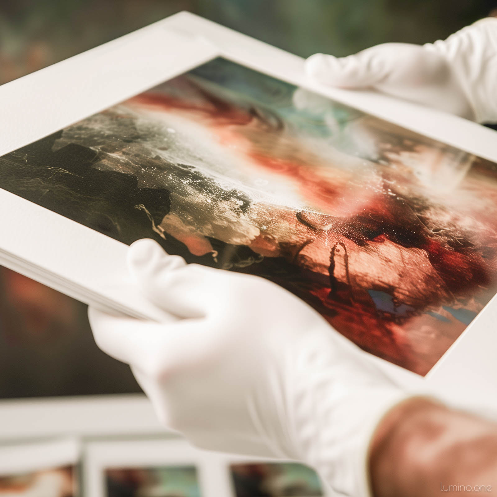 Artist holding a fine art print wearing white gloves