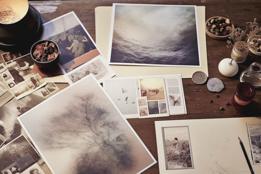 Assorted Artworks Laid Out on a Desk Surface