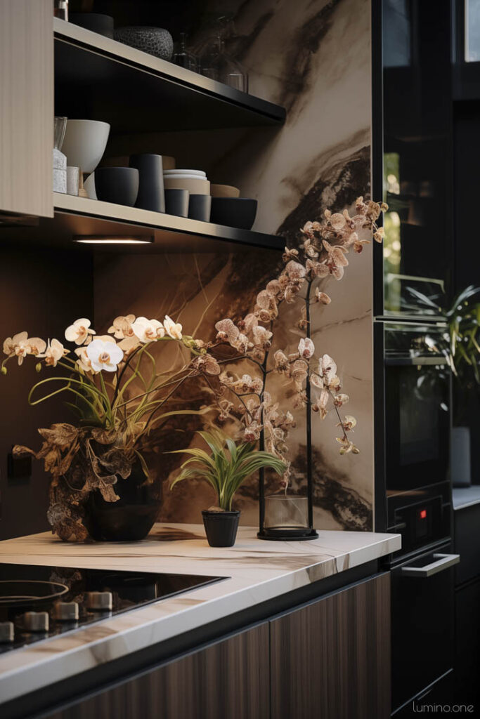 Decor Ideas for Top of Kitchen Cabinets - Organic Modern Style - Orchids and Dramatic Backsplash