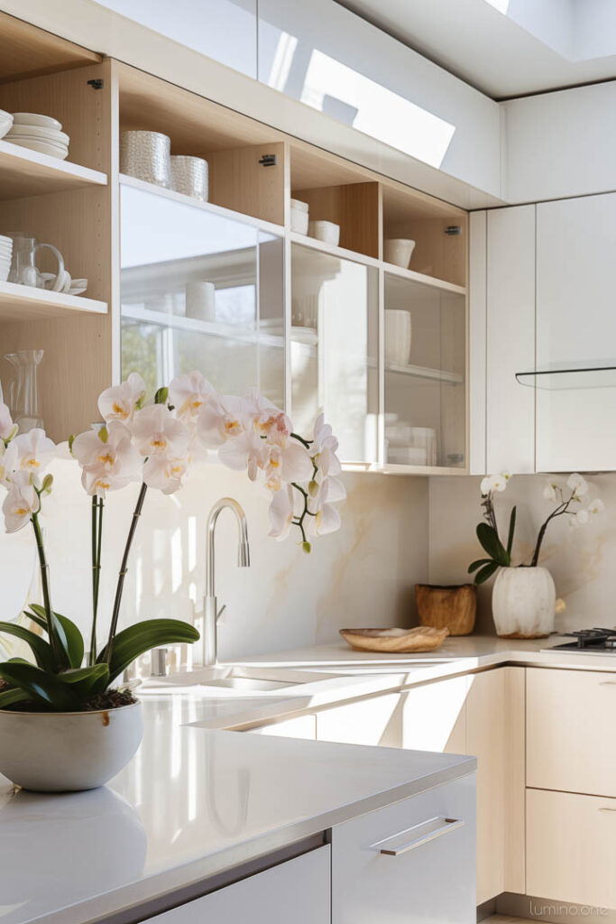 Decor Ideas for Top of Kitchen Cabinets - Organic Modern Style - Bright Orchids and Glassware