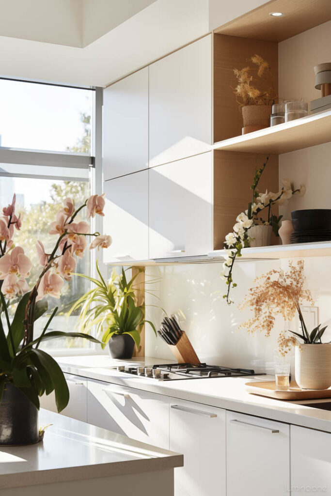 Decor Ideas for Top of Kitchen Cabinets - Organic Modern Style - Airy Elegance with Pastel Blooms