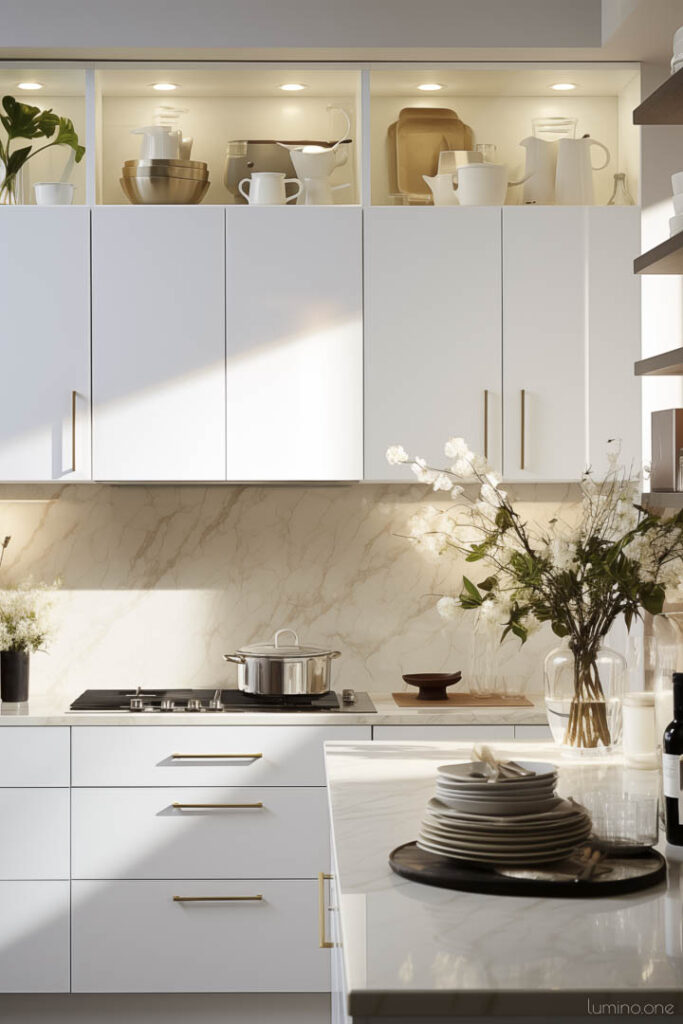 Decor Ideas for Top of Kitchen Cabinets - Organic Modern Style - White Serenity with Porcelain and Ceramics