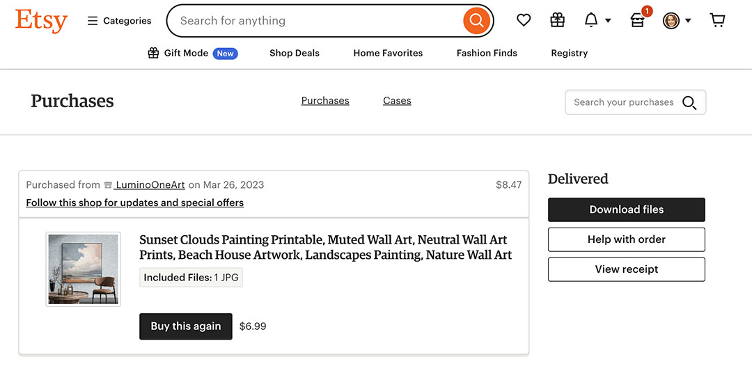 Etsy Purchases Section for Digital Downloads