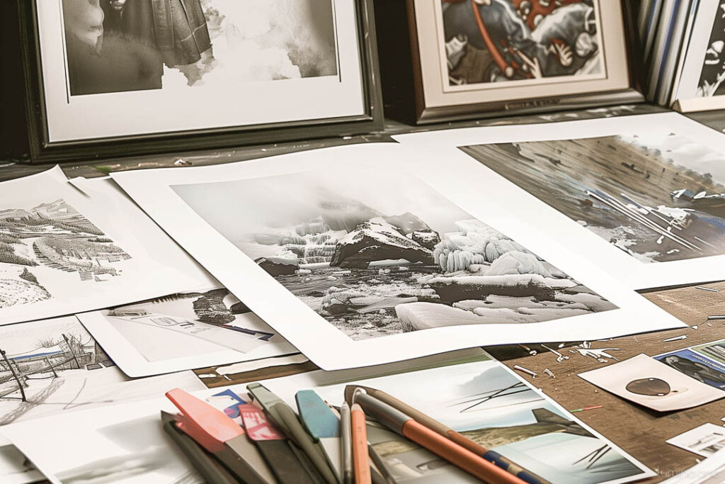 Fine art giclee prints laid out on a desk