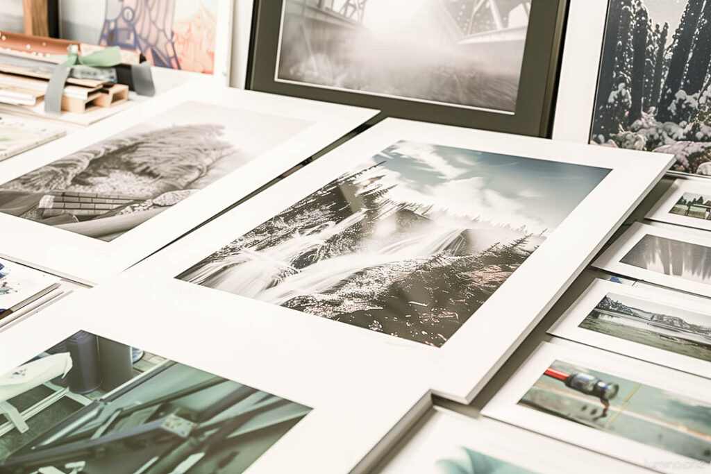 Fine art giclee prints laid out on a desk