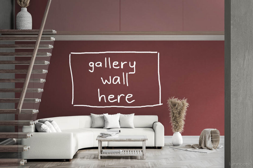 Gallery Wall Space in a Large Open Living Room with Staircase in Natural Tones and Accent Wall