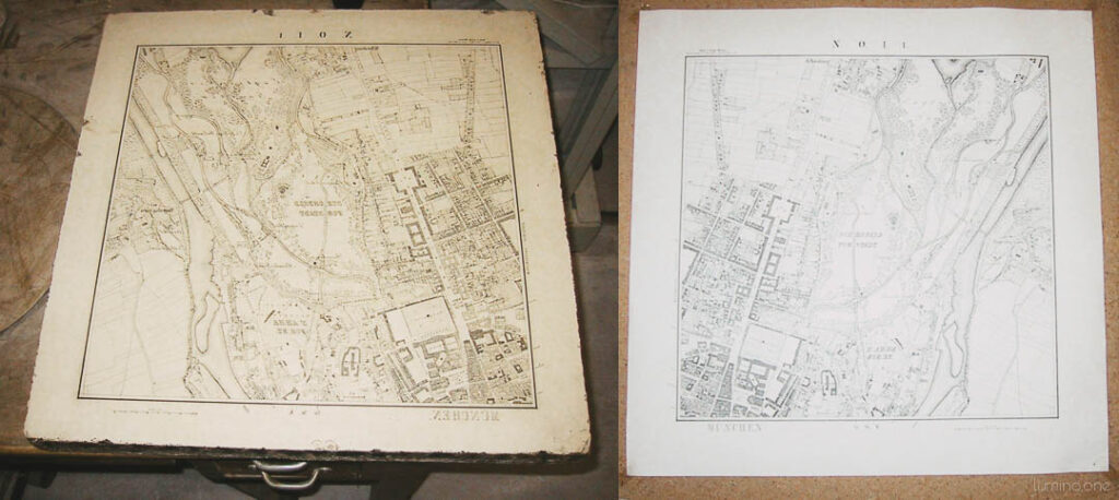 Lithography stone and mirror image print of a map of Munich