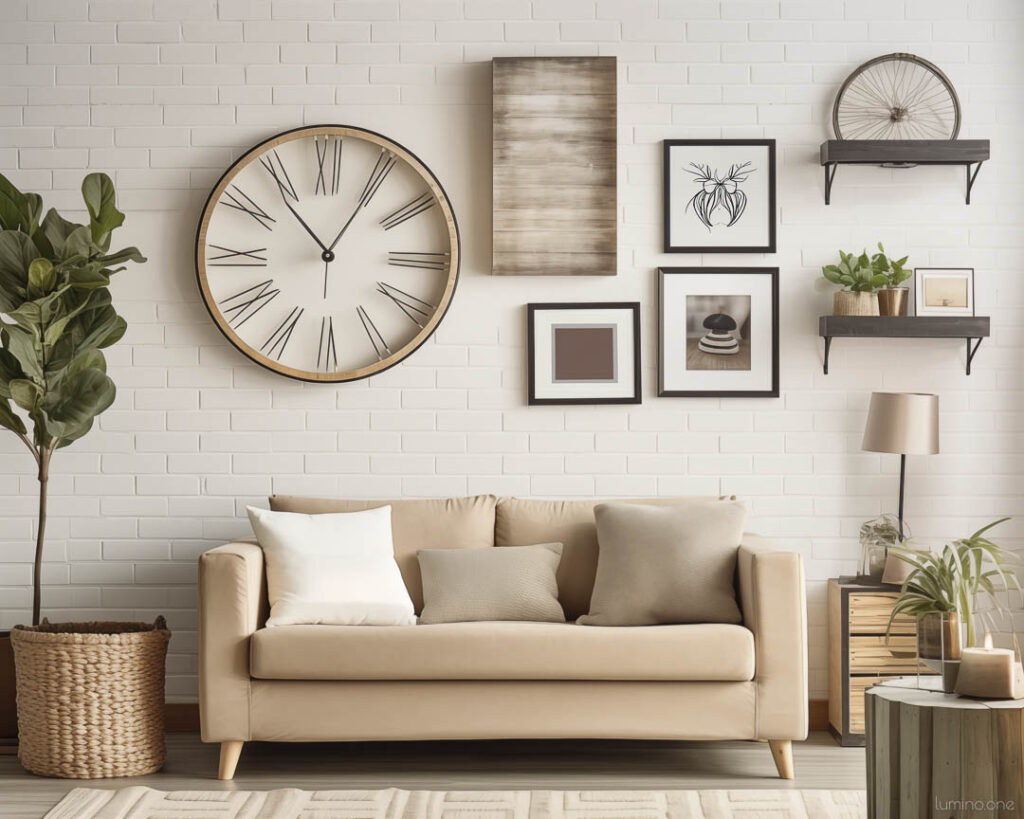 Mix and Match Gallery Wall with Floating Shelves and a Clock in a Cozy Living Room