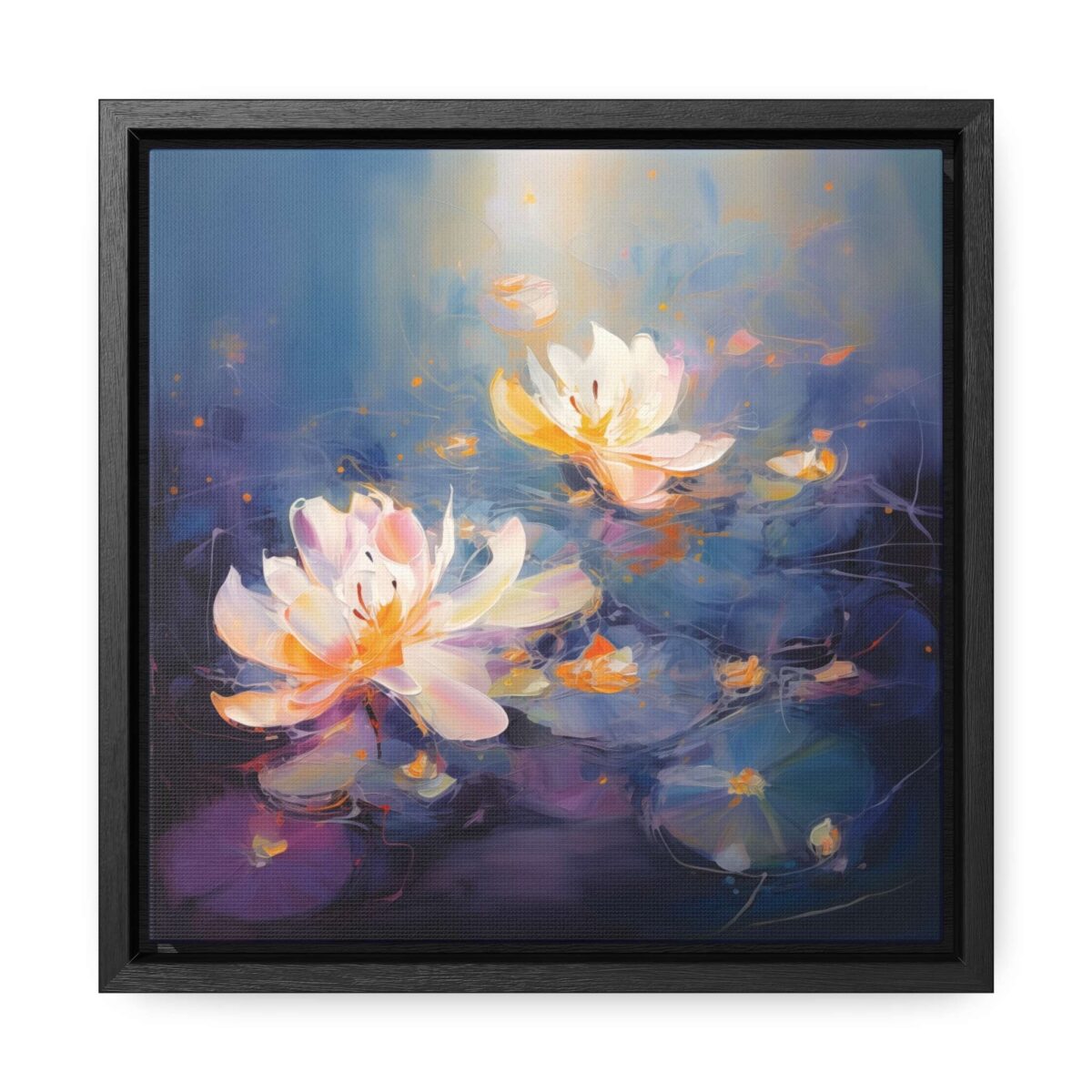 Water Lilies Lotus Flower in a Pond Painting, Water Lilies Painting, Lilies Wall Art, Yellow Lilies Painting, Dark Blue Wall Art, Dark Academia Art, Moody Wall Art, Dark Aesthetic Art, Dark Floral Wall Art, White Lotus, Black Frame, Gallery Wrapped Canvas