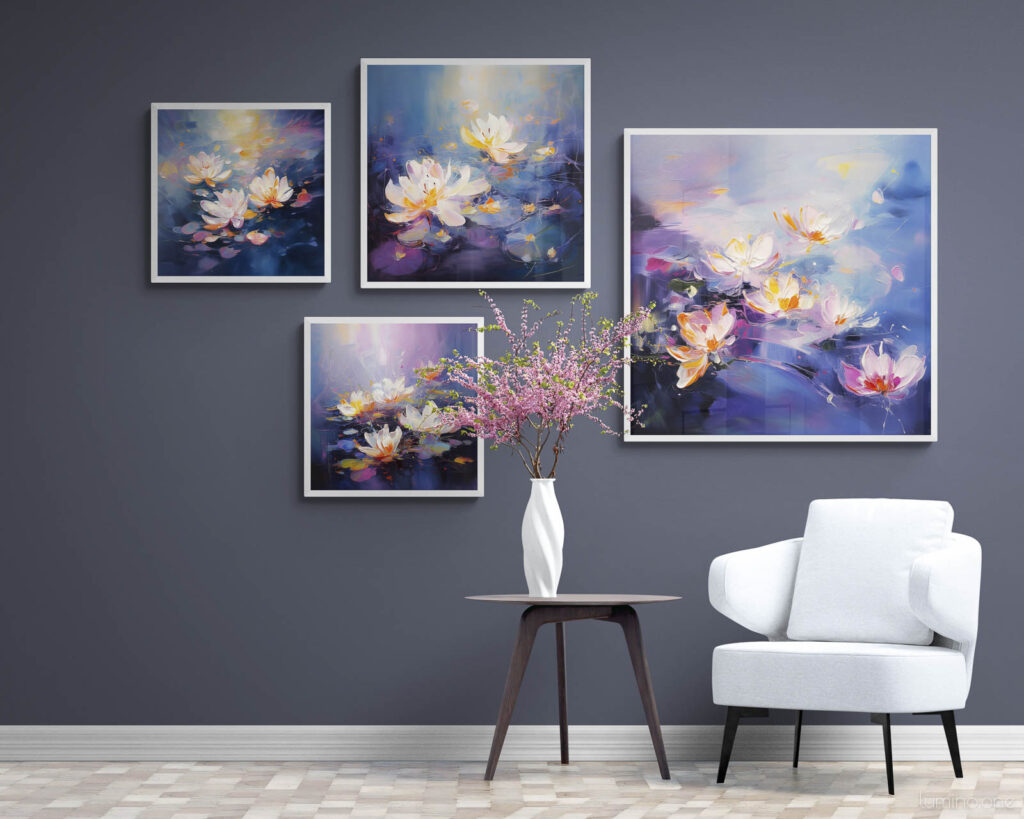 Water Lilies – Dark Moody Academia Lotus Flower Print – Framed Canvas