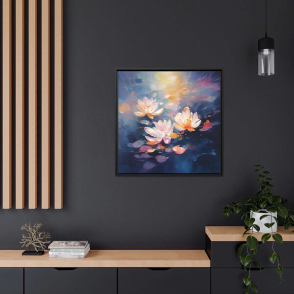 Water Lilies Painting, Lilies Wall Art, Yellow Lilies Painting, Dark Blue Wall Art, Dark Academia Art, Moody Wall Art, Dark Aesthetic Art, Dark Floral Wall Art, White Lotus, Black Frame, Gallery Wrapped Canvas