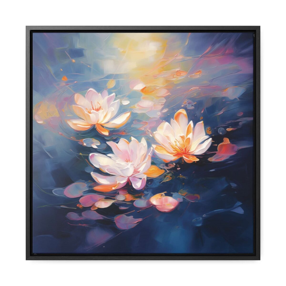 Water Lilies Painting, Lilies Wall Art, Yellow Lilies Painting, Dark Blue Wall Art, Dark Academia Art, Moody Wall Art, Dark Aesthetic Art, Dark Floral Wall Art, White Lotus, Black Frame, Gallery Wrapped Canvas