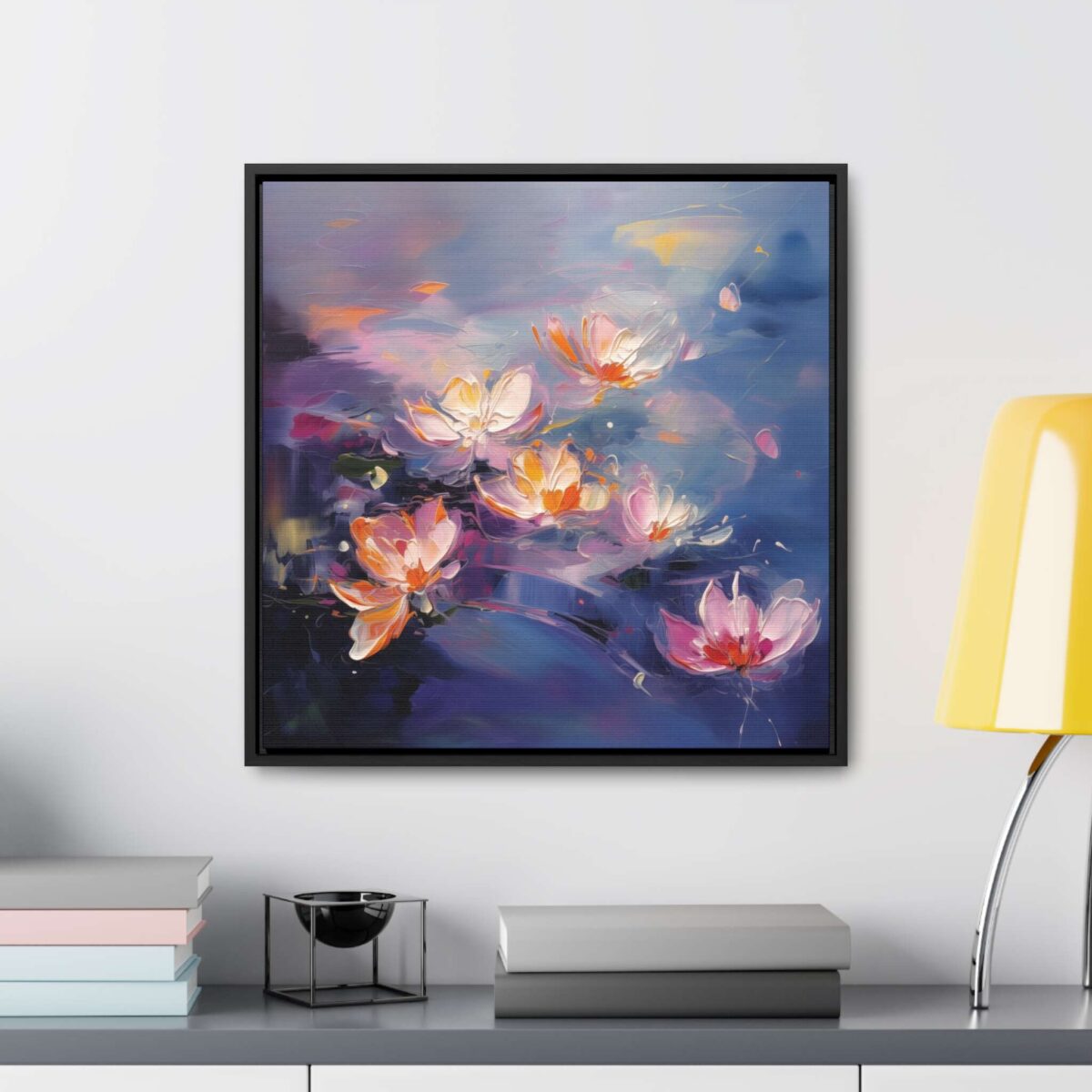 Water Lilies Painting, Lilies Wall Art, Yellow Lilies Painting, Dark Blue Wall Art, Dark Academia Art, Moody Wall Art, Dark Aesthetic Art, Dark Floral Wall Art, White Lotus, Black Frame, Gallery Wrapped Canvas
