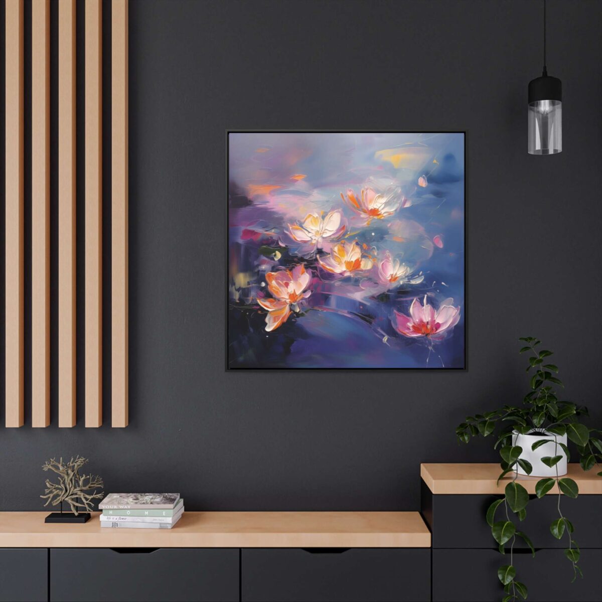 Water Lilies Painting, Lilies Wall Art, Yellow Lilies Painting, Dark Blue Wall Art, Dark Academia Art, Moody Wall Art, Dark Aesthetic Art, Dark Floral Wall Art, White Lotus, Black Frame, Gallery Wrapped Canvas