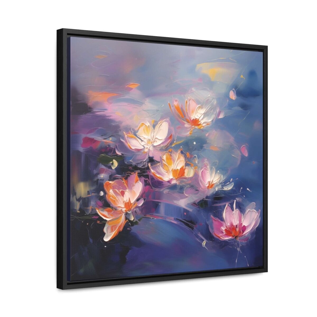 Water Lilies Painting, Lilies Wall Art, Yellow Lilies Painting, Dark Blue Wall Art, Dark Academia Art, Moody Wall Art, Dark Aesthetic Art, Dark Floral Wall Art, White Lotus, Black Frame, Gallery Wrapped Canvas