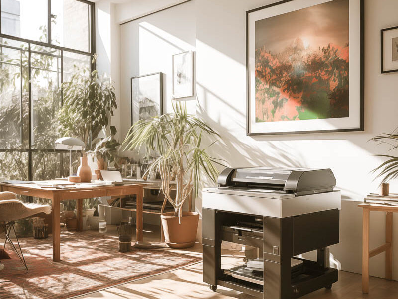 Large digital art printer in a bright sunlit studio
