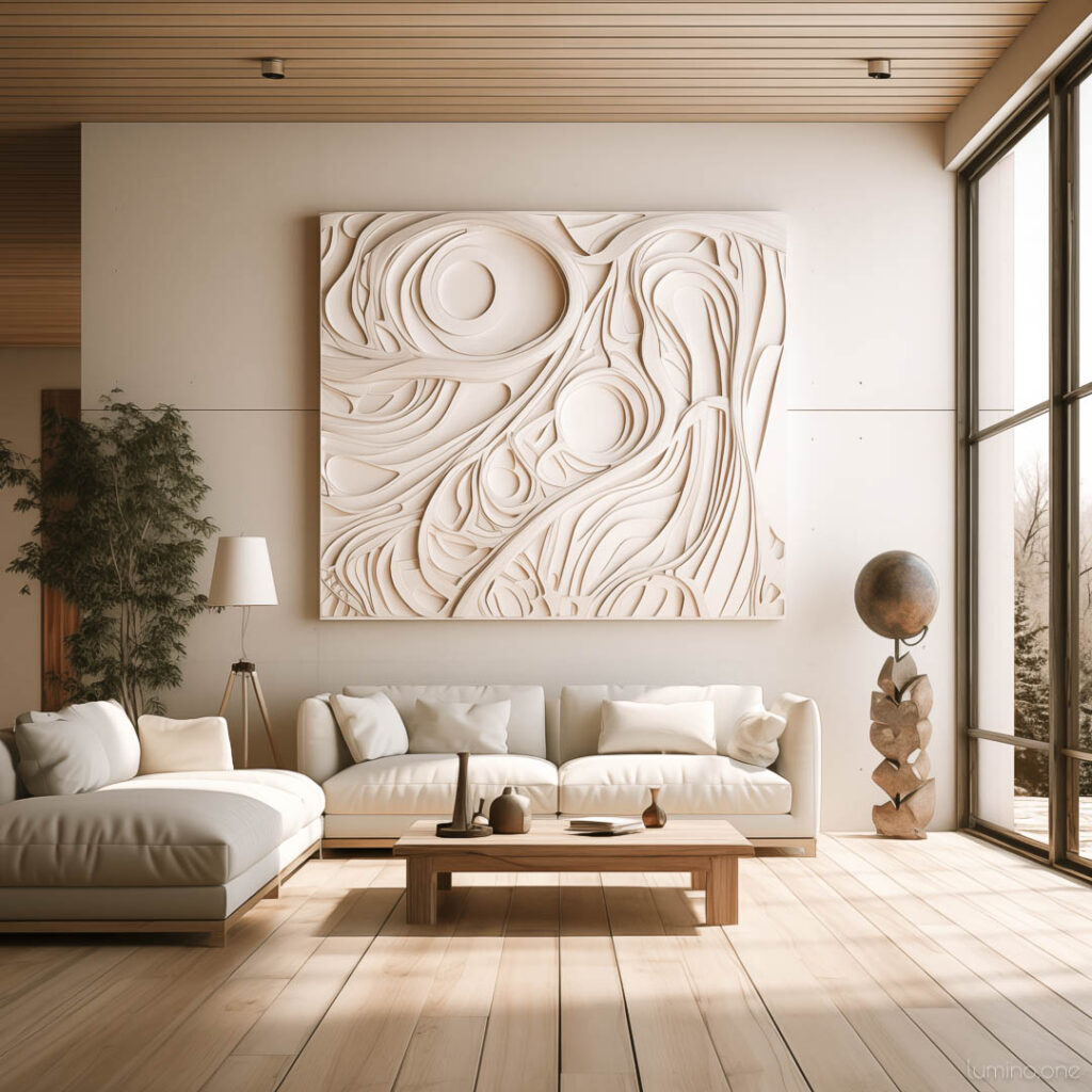 Wall Art Trends 2024 - 3D Art - 3d wall art in a modern organic interior in earthy tones