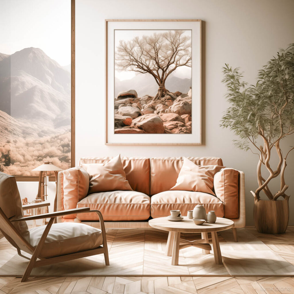 Wall Art Trends 2024 - Biophilic Designs - an interior in warm earthy neutral tones featuring in biophilic style with wall art painting of nature scenes