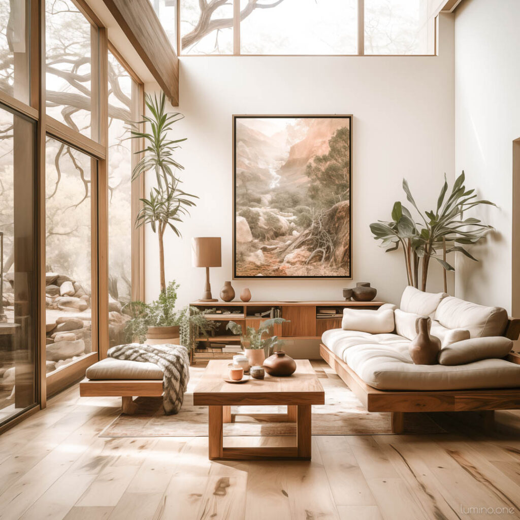 Wall Art Trends 2024 - Biophilic Designs - an interior in warm earthy neutral tones featuring in biophilic style with wall art painting of nature scenes