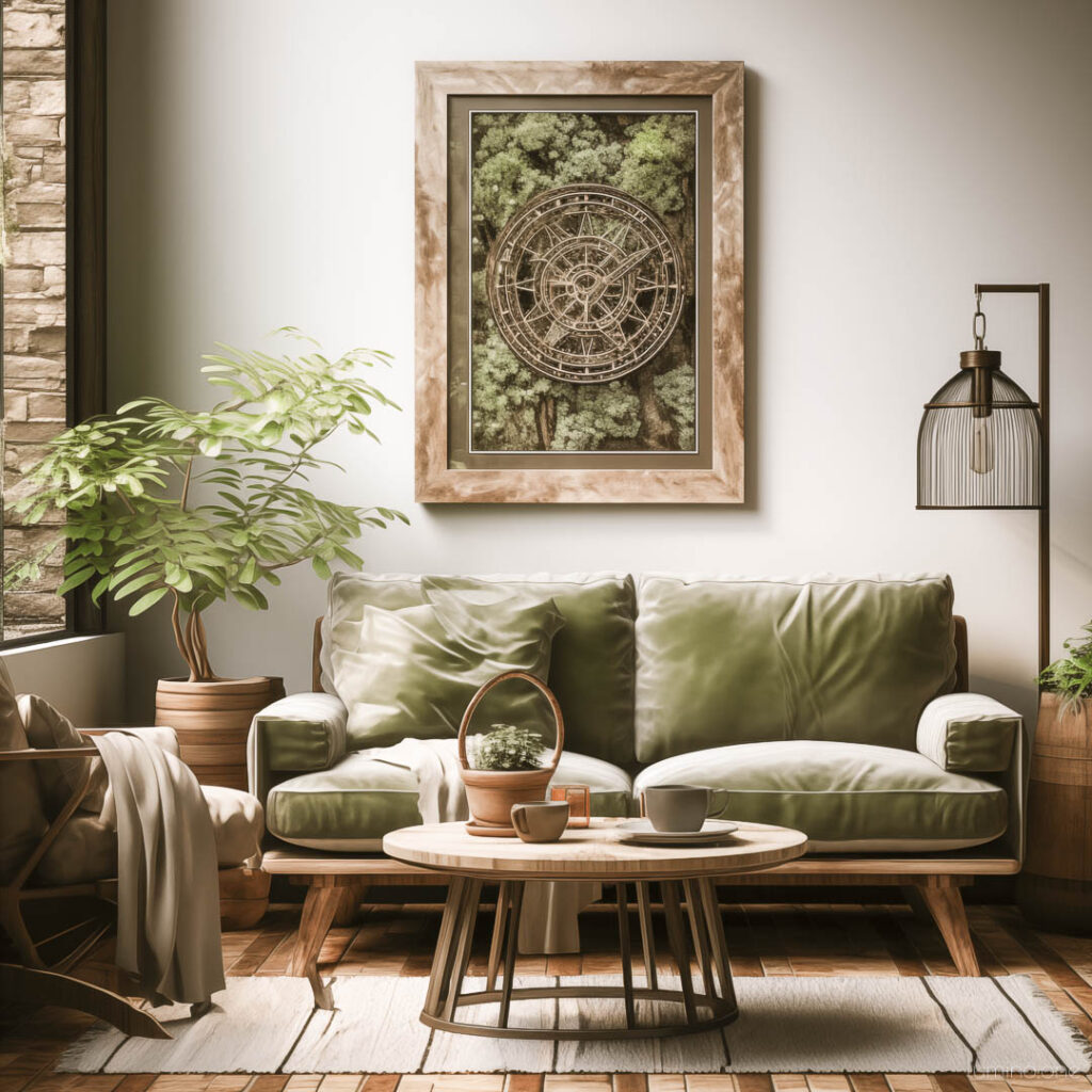 Wall Art Trends 2024 - Biophilic Designs - an interior in warm earthy neutral tones featuring in biophilic style with wall art painting of nature scenes