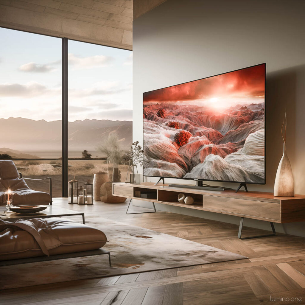 Wall Art Trends 2024 - Digital and Interactive Art - LED Canvas Art TV - Bright Red Landscape Art - Spacious Modern Living Room with Large Windows
