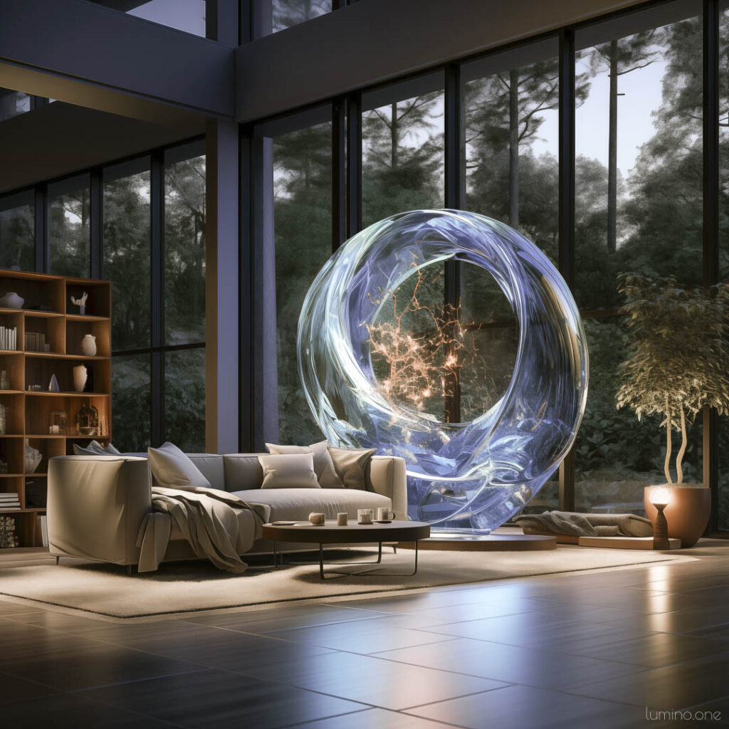 Wall Art Trends 2024 - Digital and Interactive Art - Round Shape Crystal Glass Art lit by Blue LED Lights - Spacious Living Room with Large Windows