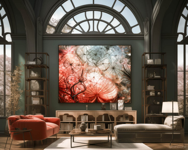 Wall Art Trends 2024 - Digital and Interactive Art - LED Light Installation - Canvas Art TV - Bright Red Abstract Art - Spacious Living Room with Large Arched Windows