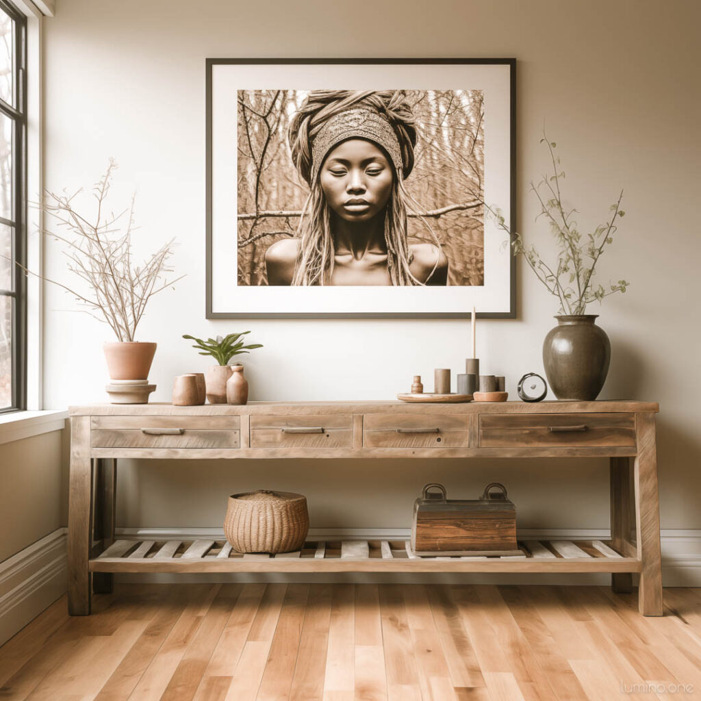 Wall Art Trends 2024 - Personalized and Authentic Expressions - an interior featuring wall art hanging over a rustic wooden console table that is unique and personalized, telling a personal story