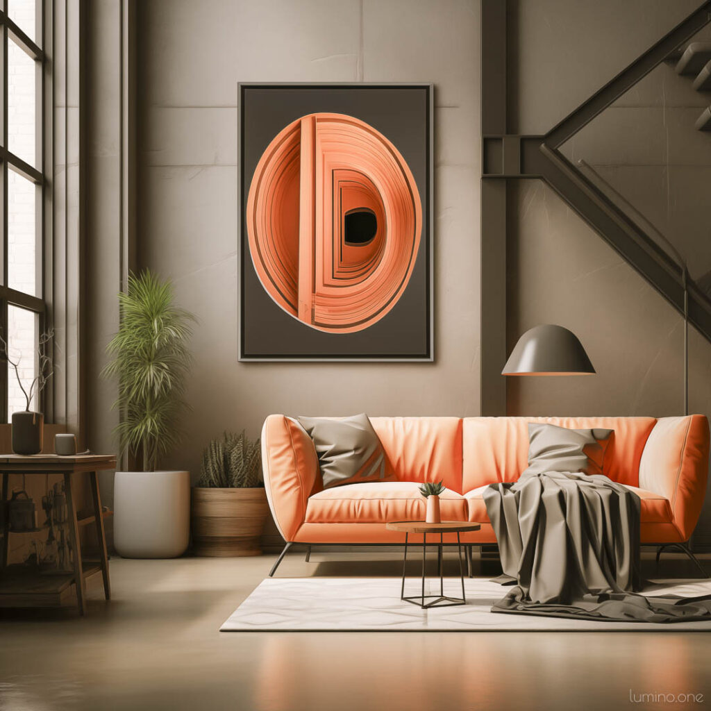Wall Art Trends 2024 - Surreal and Quirky Art - Bold Abstract Art in a modern living room with bright orange sofa