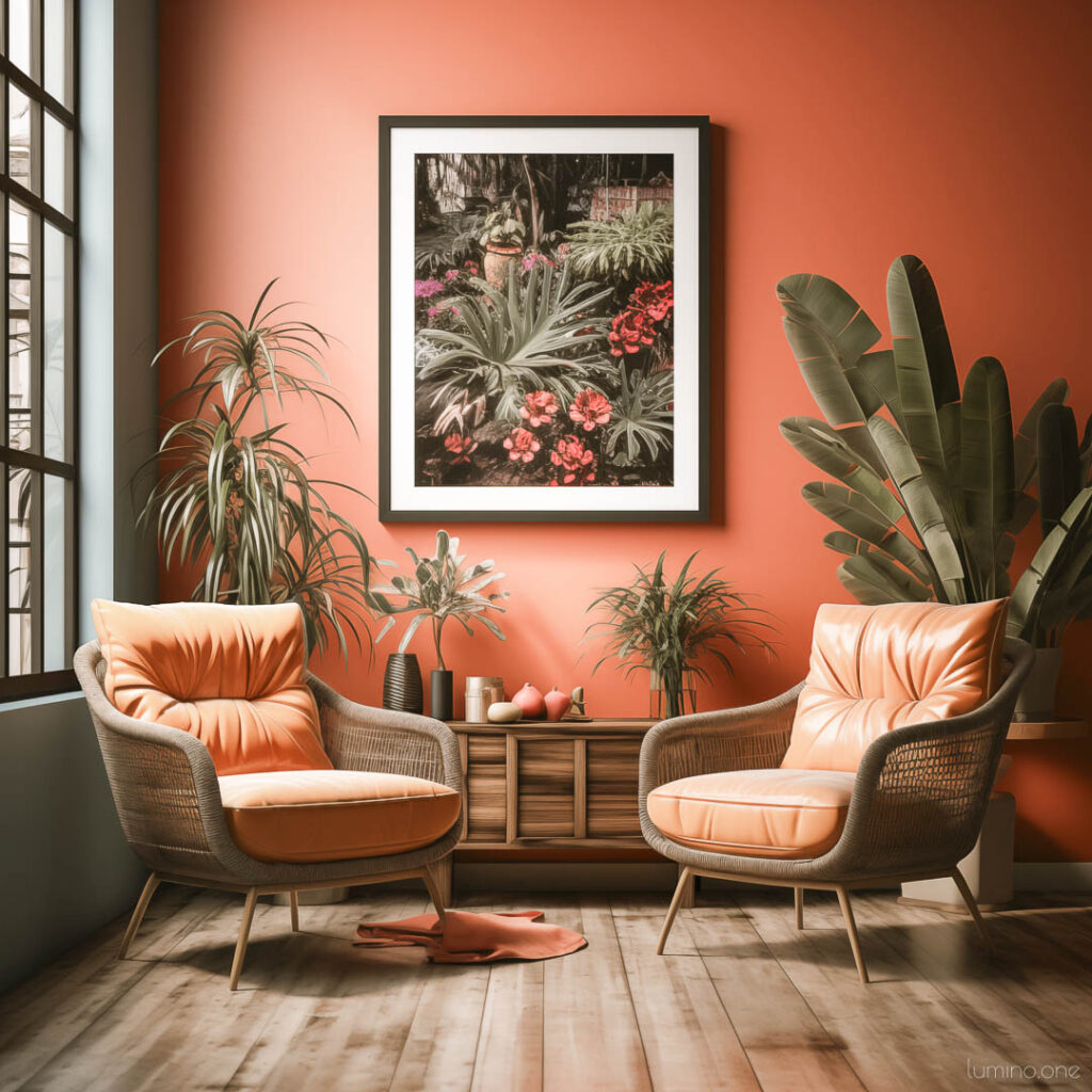 Wall Art Trends 2024 - Surreal and Quirky Art - Bold Abstract Art in a modern living room with bright orange feature wall