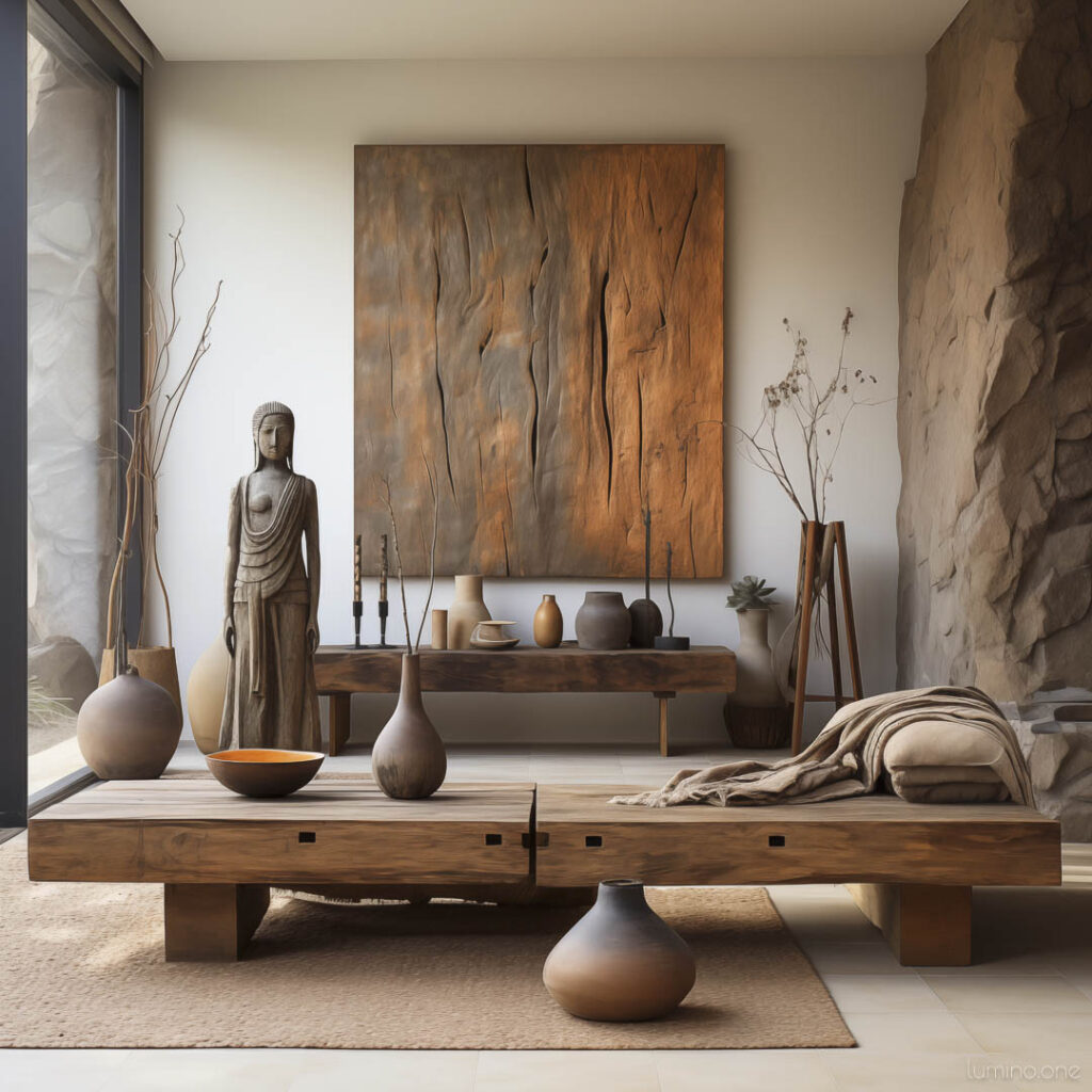 Wall Art Trends 2024 - Sustainability and Natural Themes - Recycled Metal Statue in a calm home with natural materials, wooden furniture and jute rugs