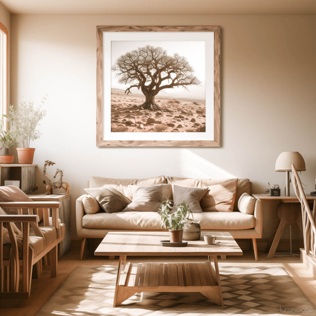 Wall Art Trends 2024 - Sustainability and Natural Themes - an interior featuring wall art in natural wooden frame with eco-friendly materials
