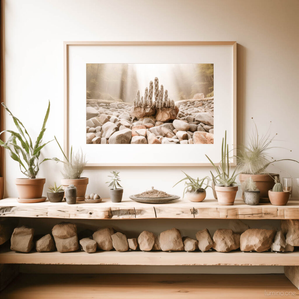 Wall Art Trends 2024 - Sustainability and Natural Themes - an interior featuring wall art in natural wooden frame with eco-friendly materials