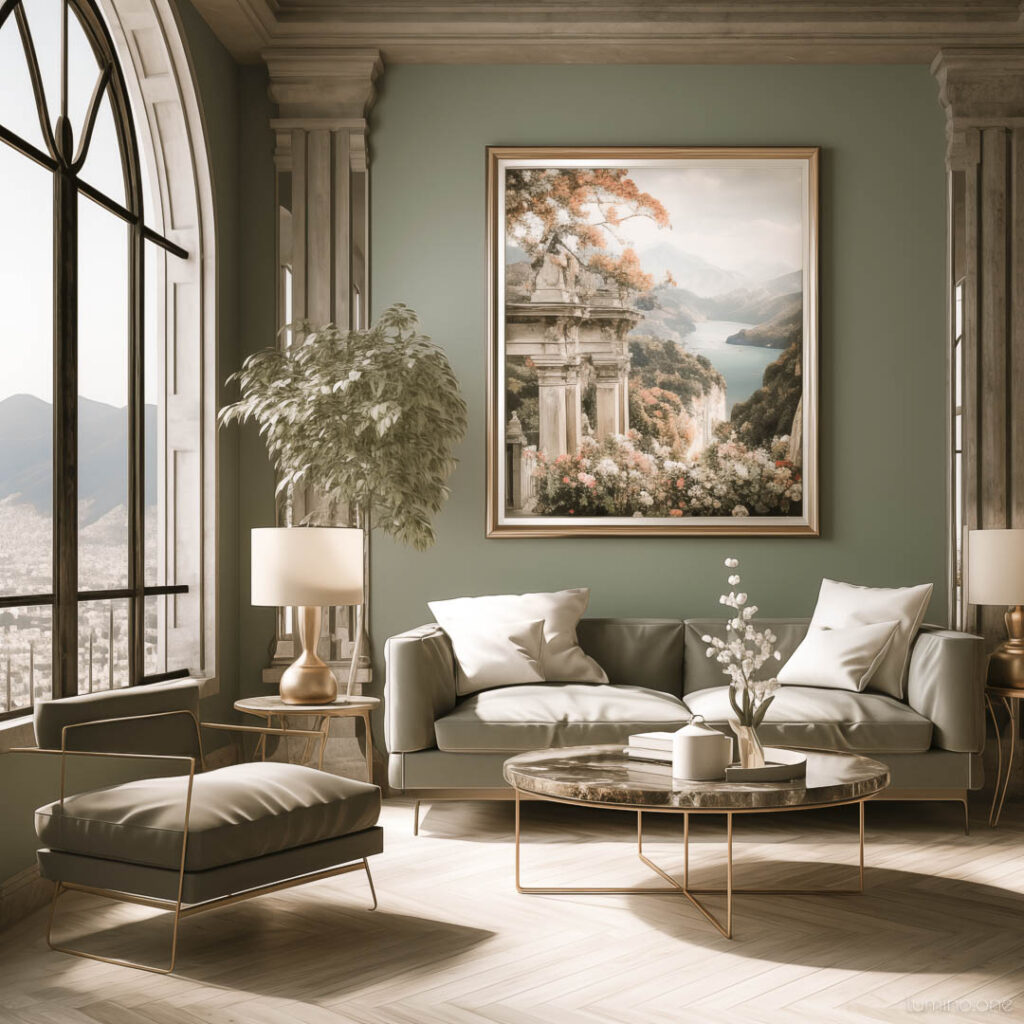 Wall Art Trends 2024 - Traditional Art Forms Revival - an interior in transitional style featuring wall art of Renaissance-inspired hand-painted landscapes