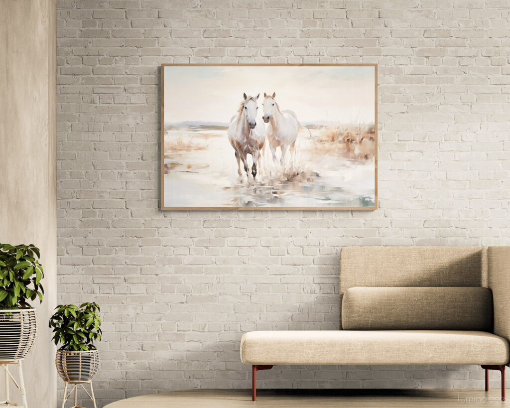 Beach horses art on a brick wall in a living room with sofa and platform floor