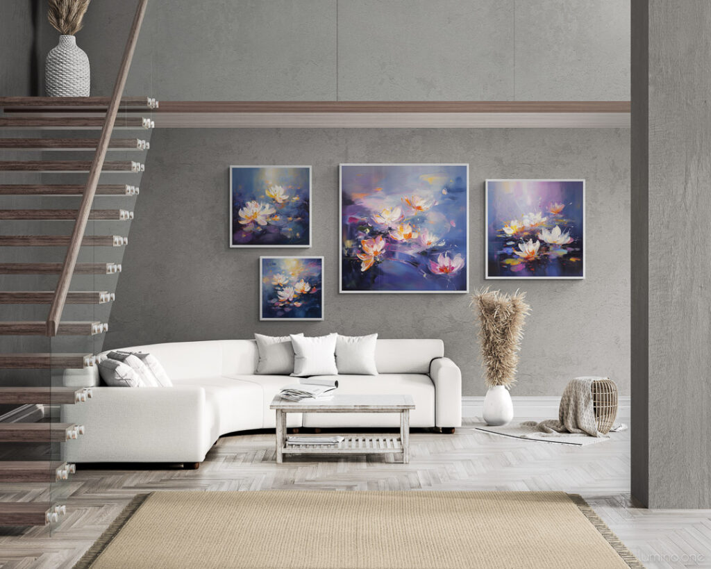 Gallery wall in a large open concept living room with sofa and a staircase