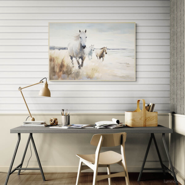 Horses on the Beach Wall Art - 3x2 Aspect Ratio - Natural Wood Floating Frame Canvas over an Office Desk