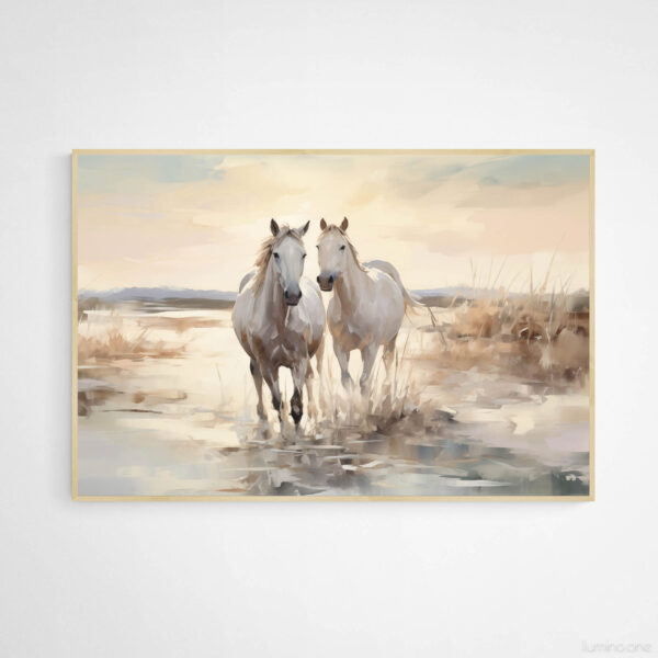 Horses on the Beach Wall Art - 3x2 Aspect Ratio - Natural Wood Floating Frame Canvas
