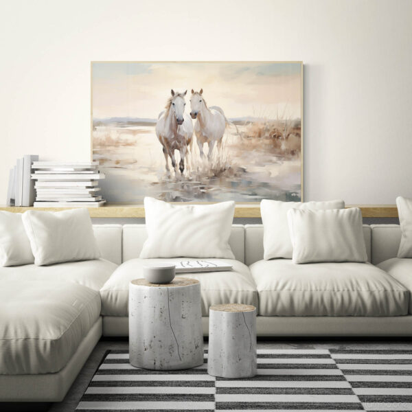 Horses on the Beach Wall Art - 3x2 Aspect Ratio - Natural Wood Floating Frame Canvas in a Minimalist Comfy Living Room with Sectional Sofa and Tree Stump Pedestals