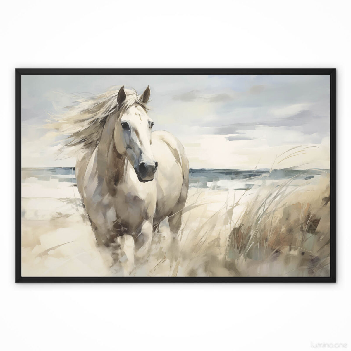 Running Horse on the Beach Wall Art - 3x2 Aspect Ratio - Black Floating Frame Canvas