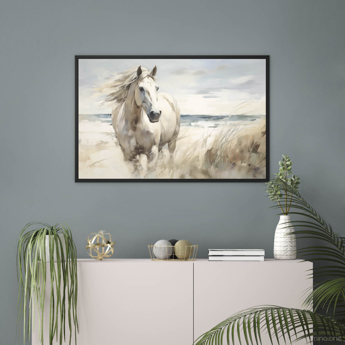 Running Horse on the Beach Wall Art - 3x2 Aspect Ratio - Black Floating Frame Canvas in a Cozy Living Room with Console Cabinet