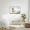 Running Horse on the Beach Wall Art - 3x2 Aspect Ratio - Black Floating Frame Canvas in a Neutral Bedroom with Wooden Bench