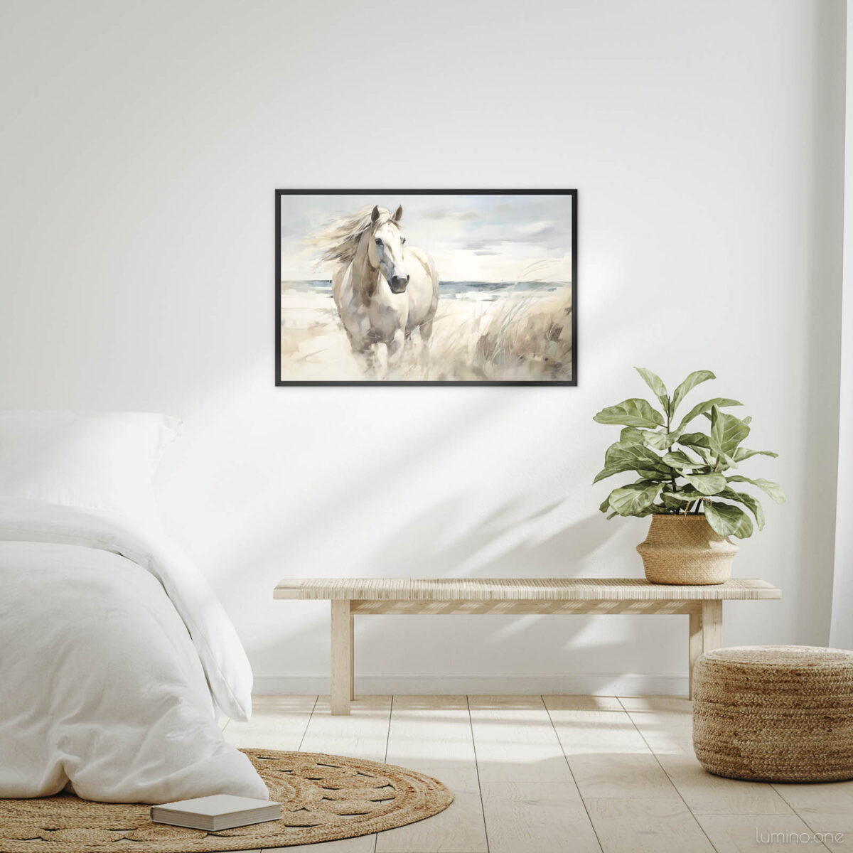 Running Horse on the Beach Wall Art - 3x2 Aspect Ratio - Black Floating Frame Canvas in a Neutral Bedroom with Wooden Bench
