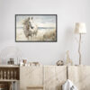 Running Horse on the Beach Wall Art - 3x2 Aspect Ratio - Black Floating Frame Canvas in a Neutral Nursery with Wooden Cabinet