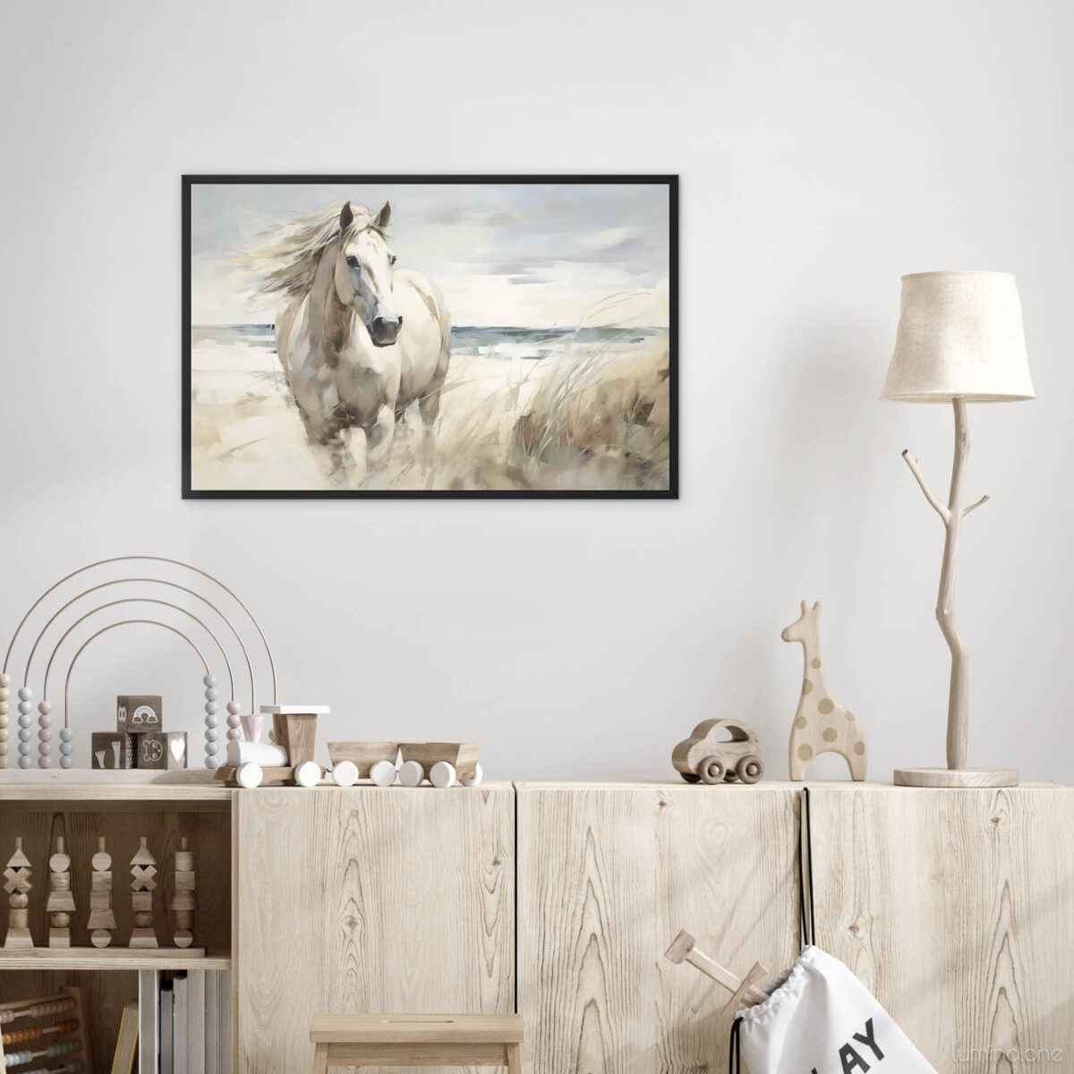 Running Horse on the Beach Wall Art - 3x2 Aspect Ratio - Black Floating Frame Canvas in a Neutral Nursery with Wooden Cabinet