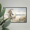 Running Horse on the Beach Wall Art - 3x2 Aspect Ratio - Black Floating Frame Canvas on a Wall with a Plant