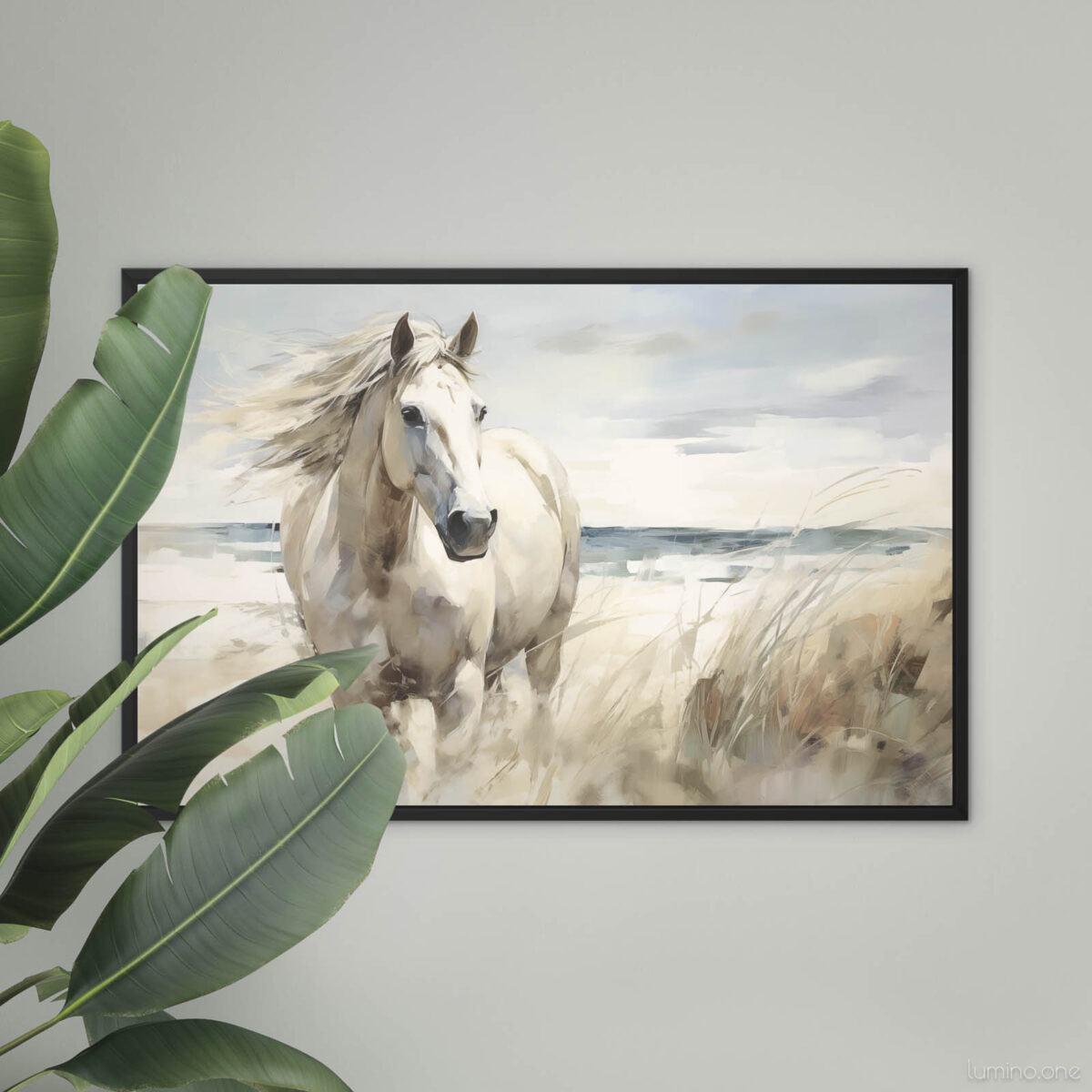 Running Horse on the Beach Wall Art - 3x2 Aspect Ratio - Black Floating Frame Canvas on a Wall with a Plant